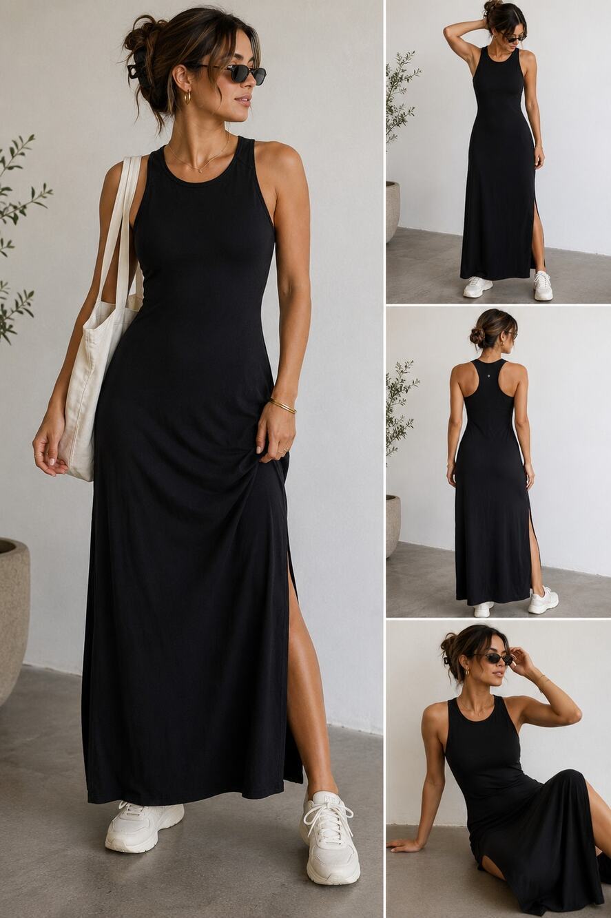 Lululemon Black Racerback Maxi Dress Built-In Shelf Bra Side Slits Women's 4